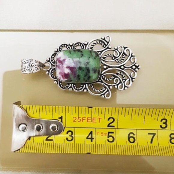 Ruby Zoisite (pd3) Pendant Natural Gems Green Purple Filigree Silver Art 2.5" L - Picture 10 of 10